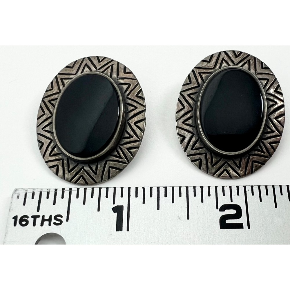 Vintage James Avery Black Onyx Sterling Silver Large Oval Stud Clip On Earrings